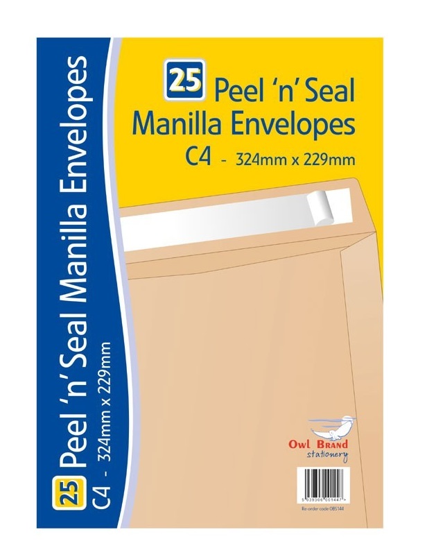 25 Peel n seal Manilla envelopes C4 324mm x 229mm