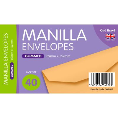 Manilla Envelopes Gummed 89mm x 152mm